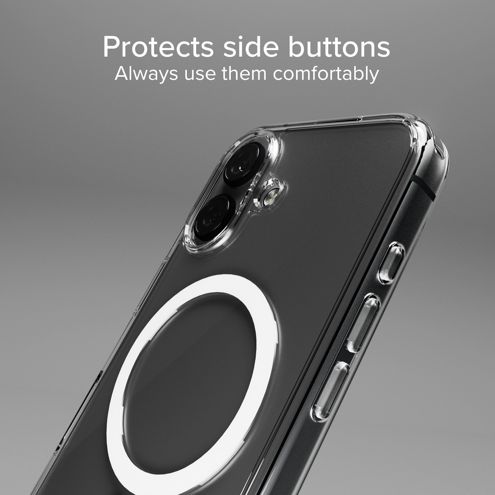 Funda transparente con anillo MagSafe. Muestra cámaras y botones laterales.