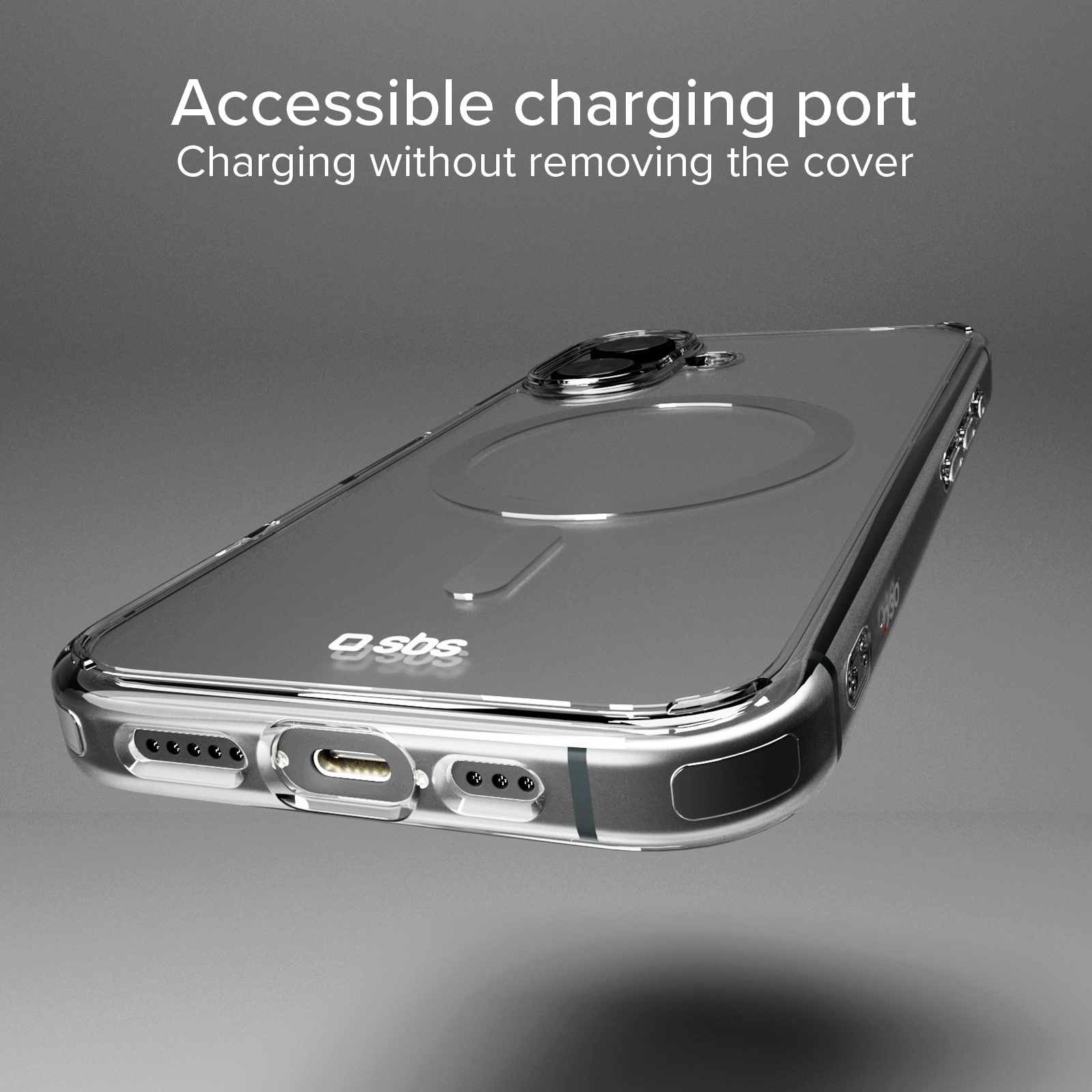 Funda transparente para teléfono con puerto de carga visible y logo SBS.
