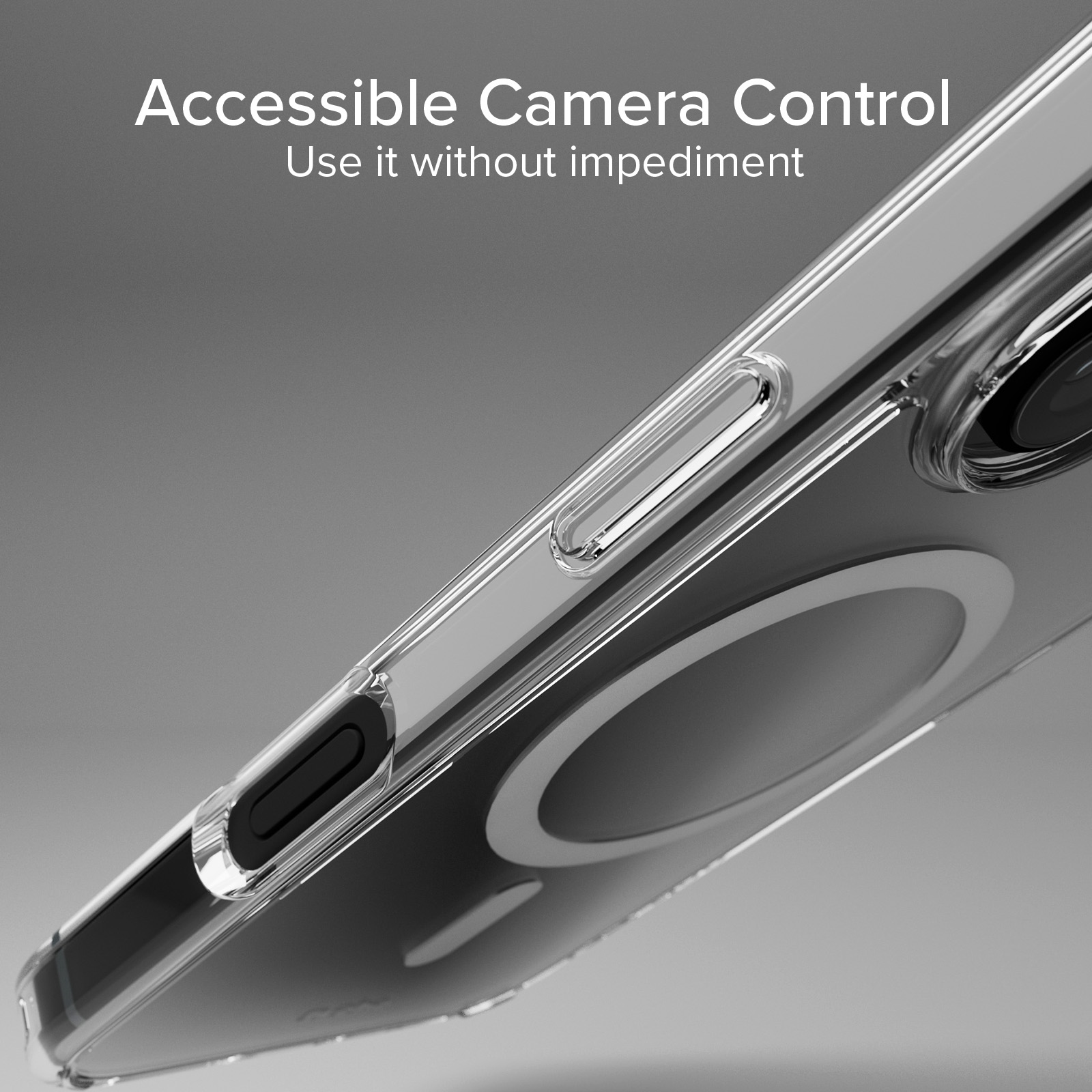 Funda transparente para teléfono mostrando botones y anillo magnético.