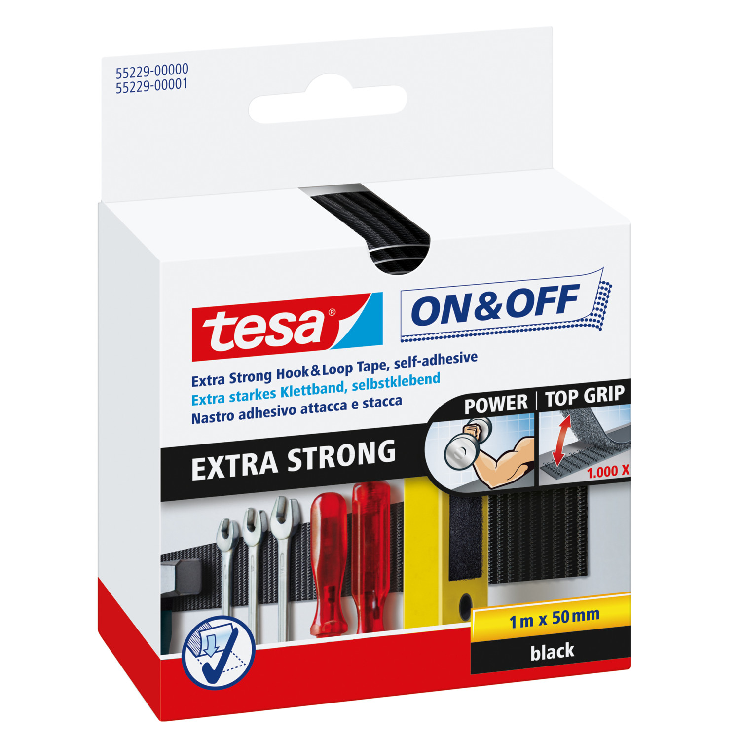 Verpackung für Tesa Klettband, 1m x 50mm, schwarz.