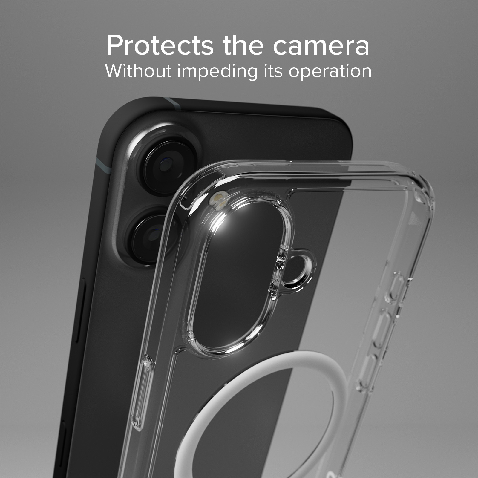 Una funda transparente para teléfono protege las lentes de la cámara de un teléfono oscuro.