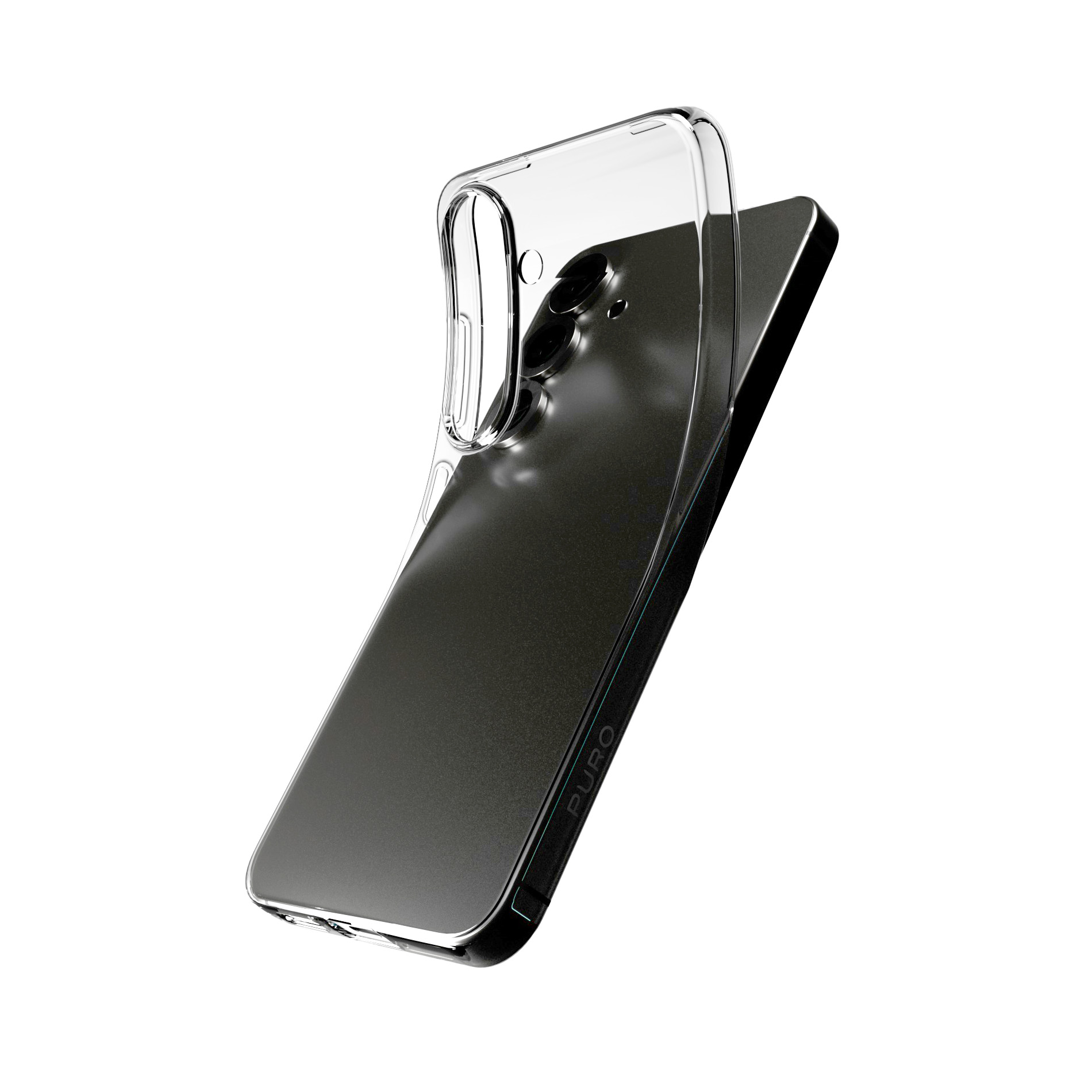 Ein durchsichtiges Handyhülle liegt auf einem dunklen Handy.