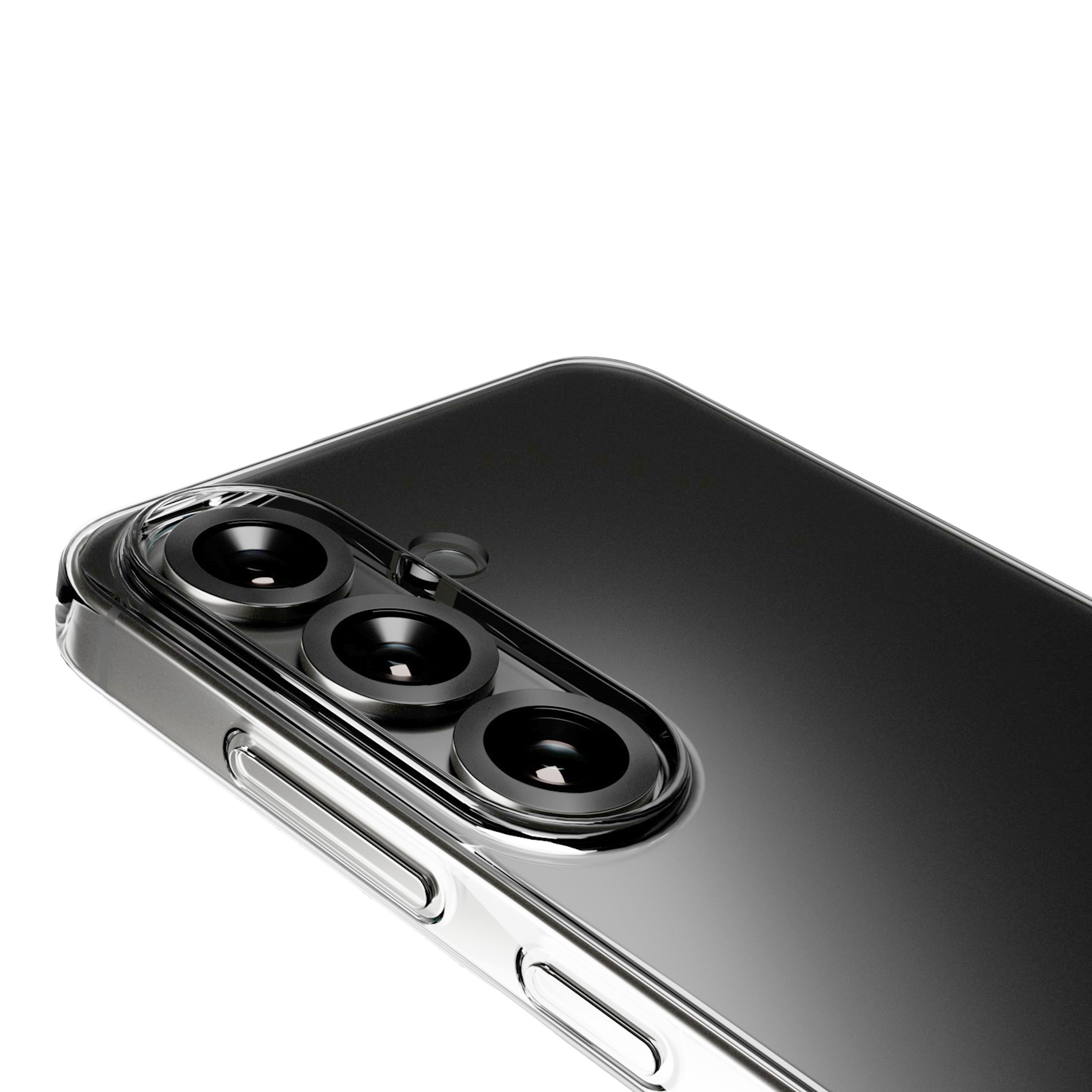 Nahaufnahme des Kameramoduls eines Smartphones in einer durchsichtigen Hülle.