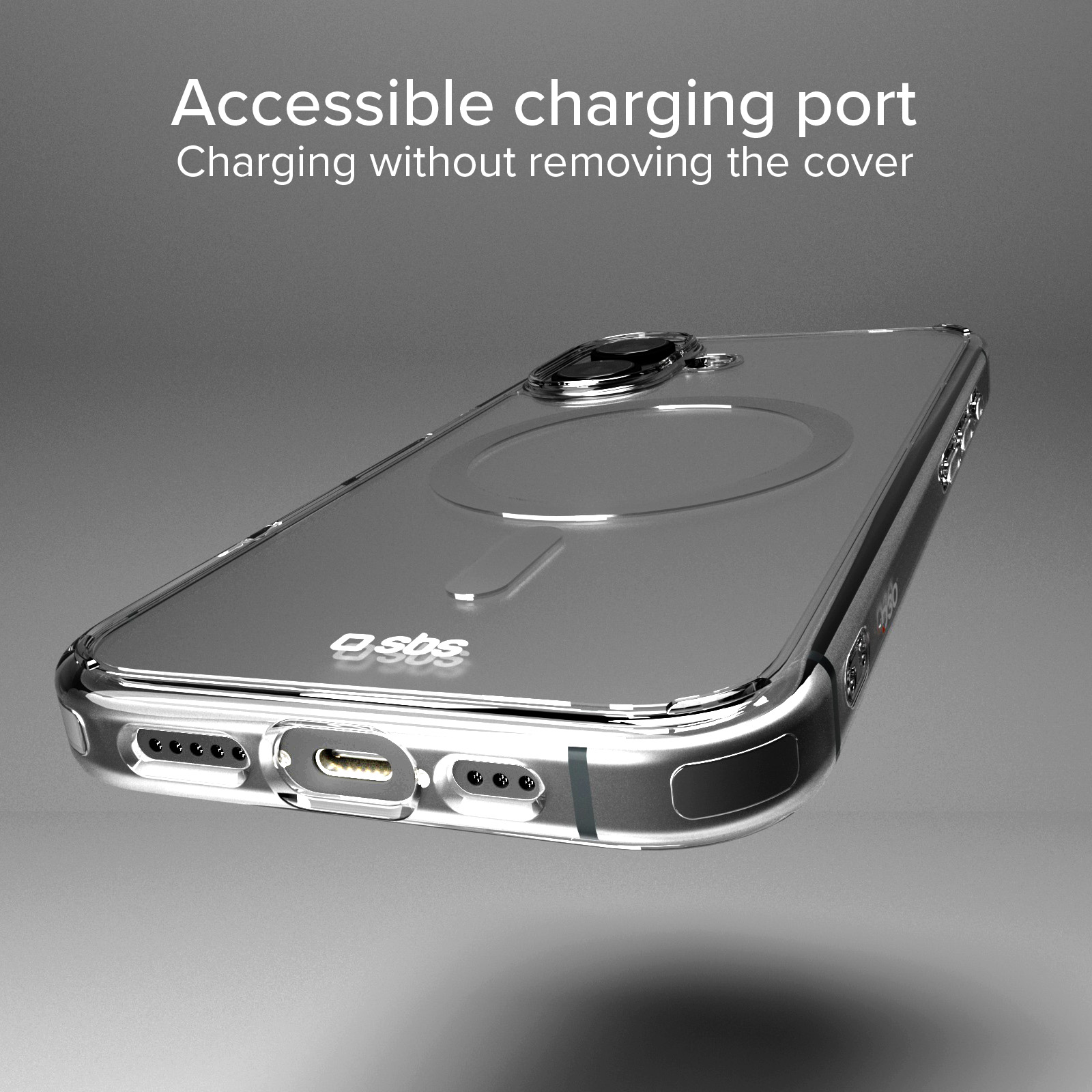 Funda transparente para teléfono mostrando puerto de carga y cámaras en fondo gris.