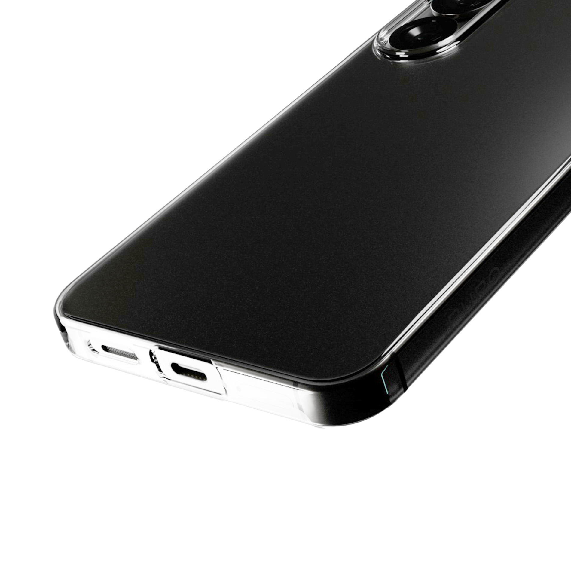 Transparente Hülle für ein Smartphone mit sichtbaren Kameras und Anschlüssen.