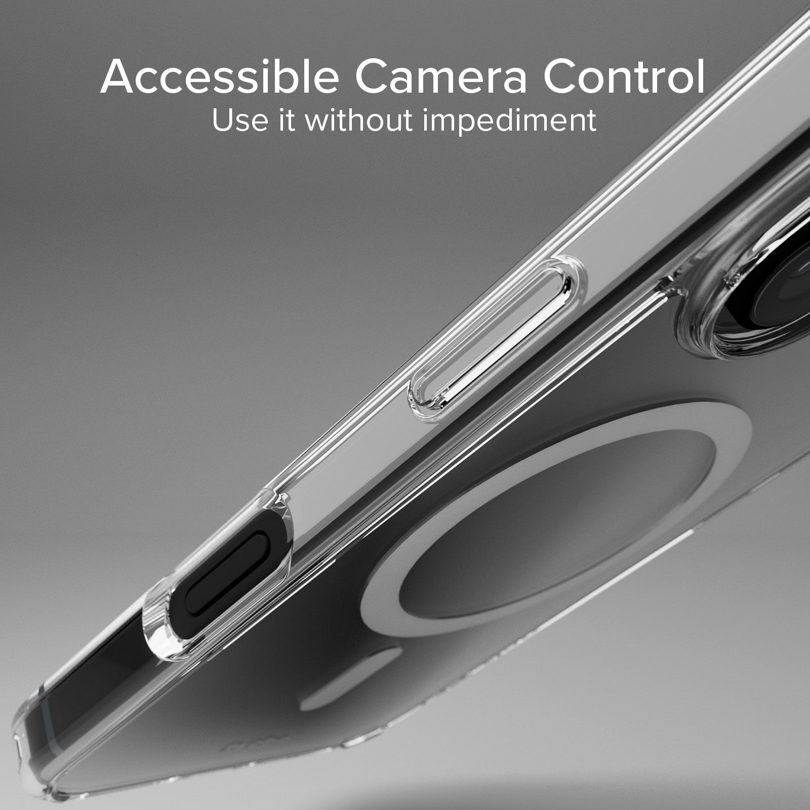 Funda de teléfono transparente mostrando detalles de botones y corte de cámara.