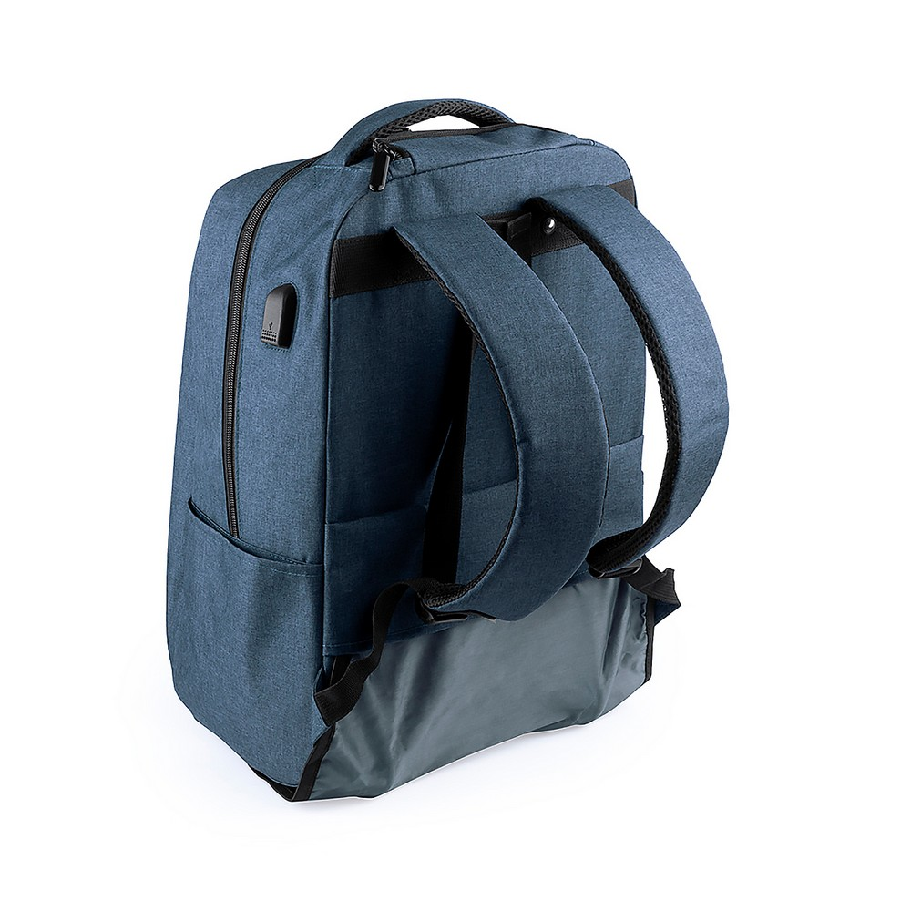 Zaino blu con porta USB, su sfondo bianco.