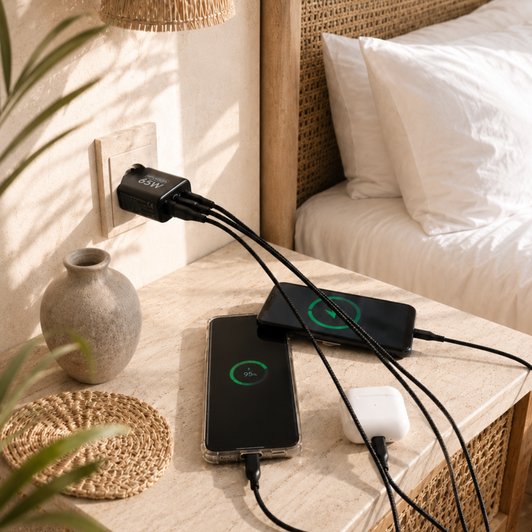 Een zwarte 65W lader voorziet twee telefoons en AirPods van stroom op een nachtkastje naast een bed.