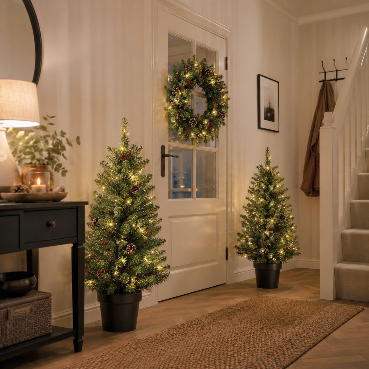 Hallway decorated for Christmas with two lit trees, a wreath on the door, and a lit candle.