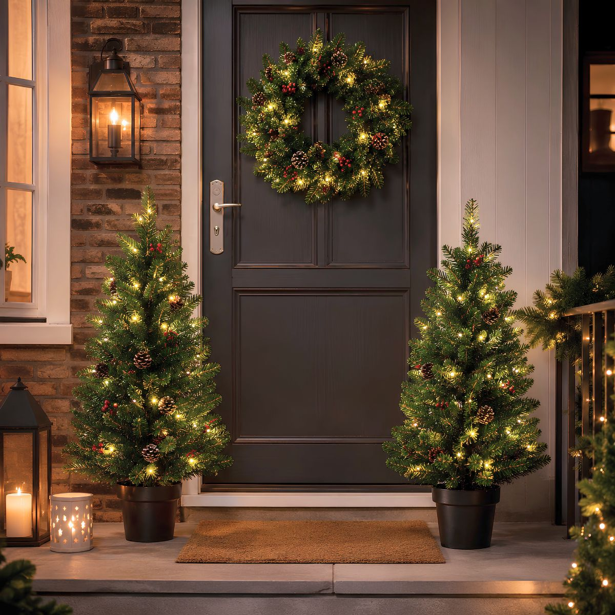 Two decorated Christmas trees flank a door with a wreath. A lantern and candle are on the left.