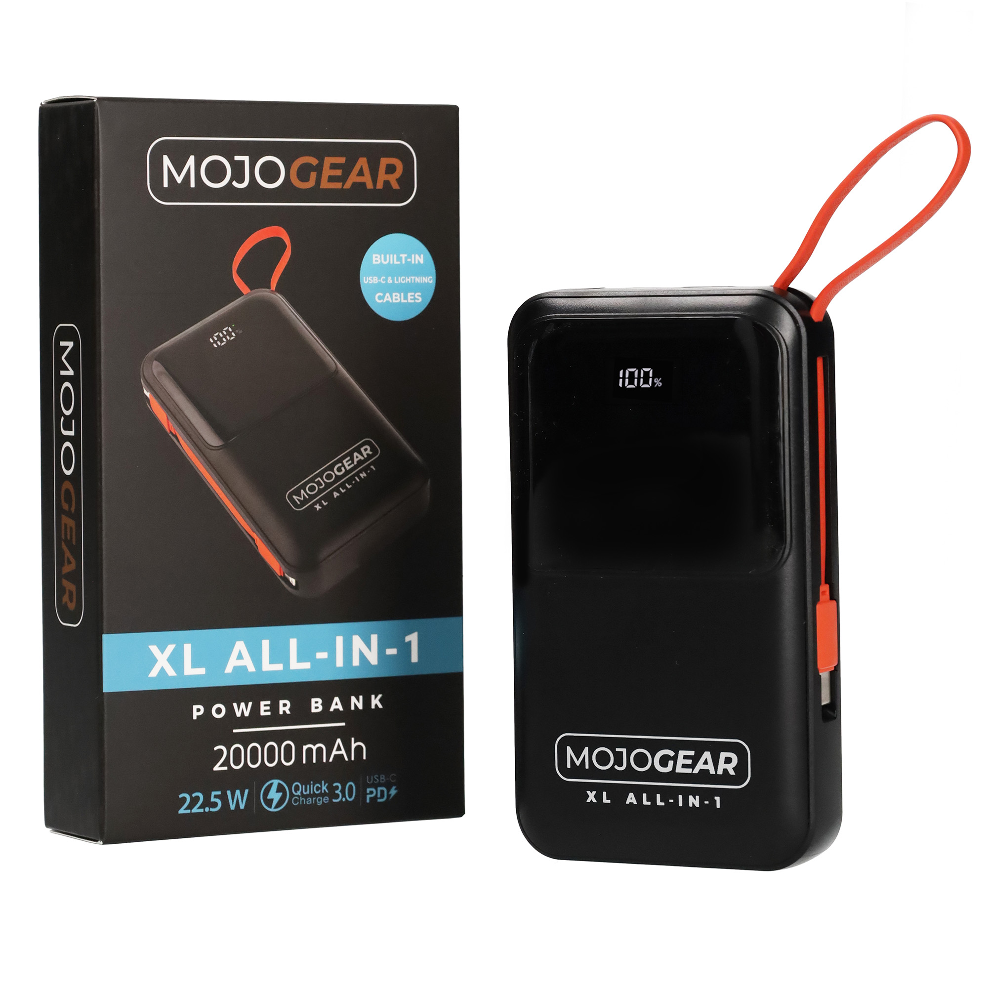 Black MOJOGEAR power bank 20000 mAh with orange strap and cable.