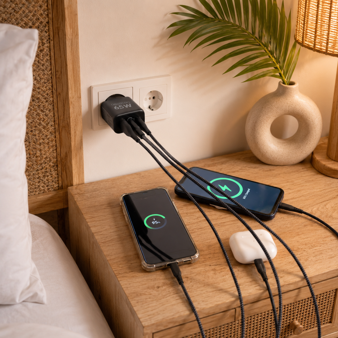 Een zwarte 65W oplader voedt drie apparaten: twee smartphones en een oordopjes.