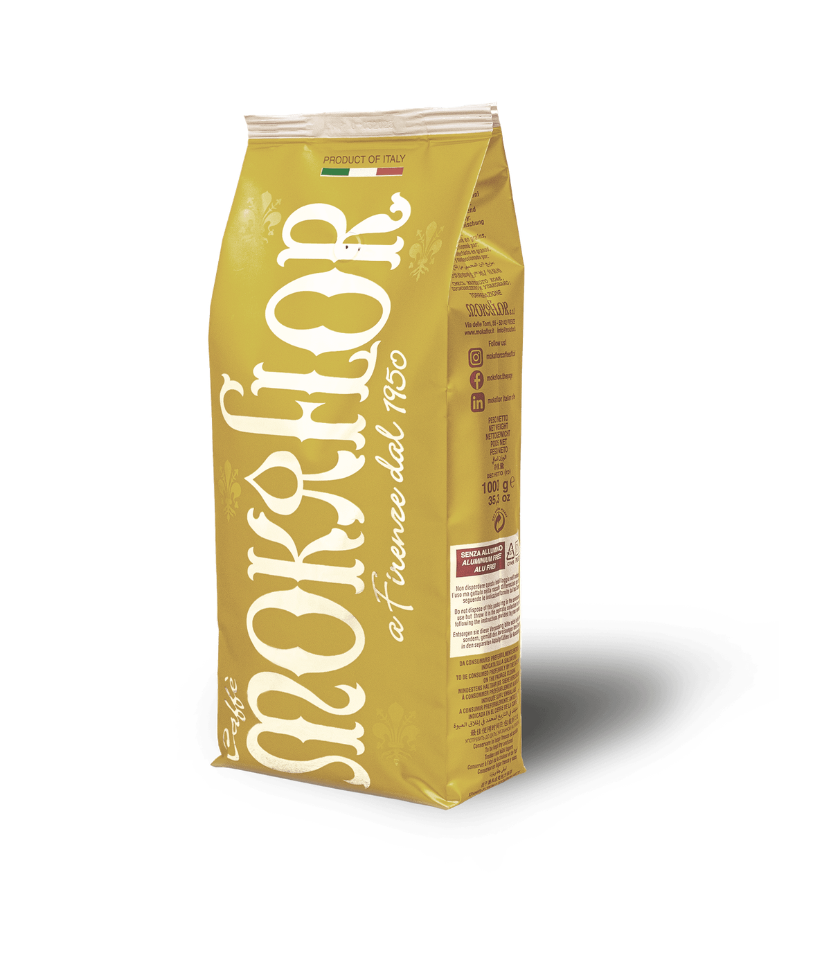 Ein goldener Kaffeebeutel mit "Mokaflor"-Logo, "a Firenze dal 1950" und Produktinformationen.