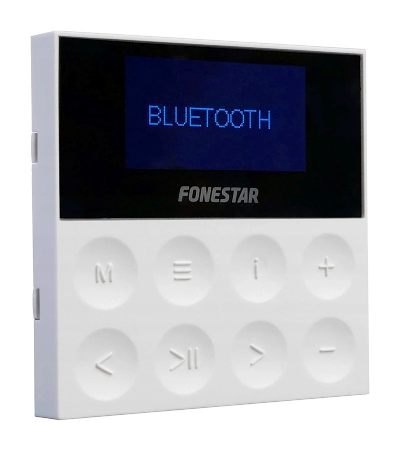Un lettore Bluetooth bianco con display blu e pulsanti di controllo.