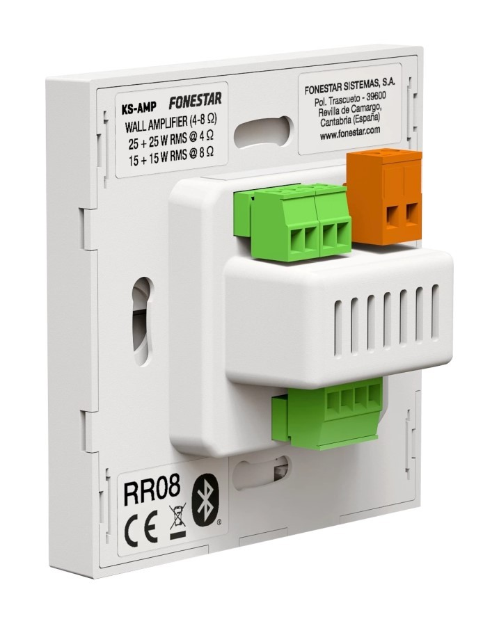 Vista posteriore di un amplificatore da parete bianco con connettori verdi e arancioni.