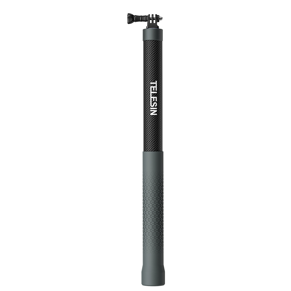 A black telescoping grip with white lettering and a GoPro mount.