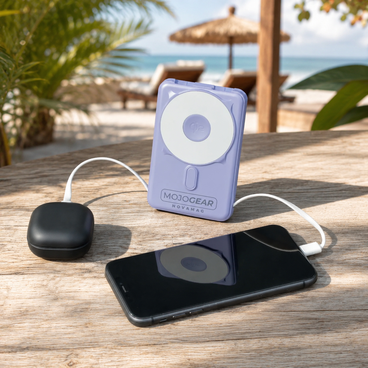 Ein lilafarbener MojoGear-Akku und ein schwarzes Ladegerät laden ein Smartphone auf einem Holztisch am Strand.