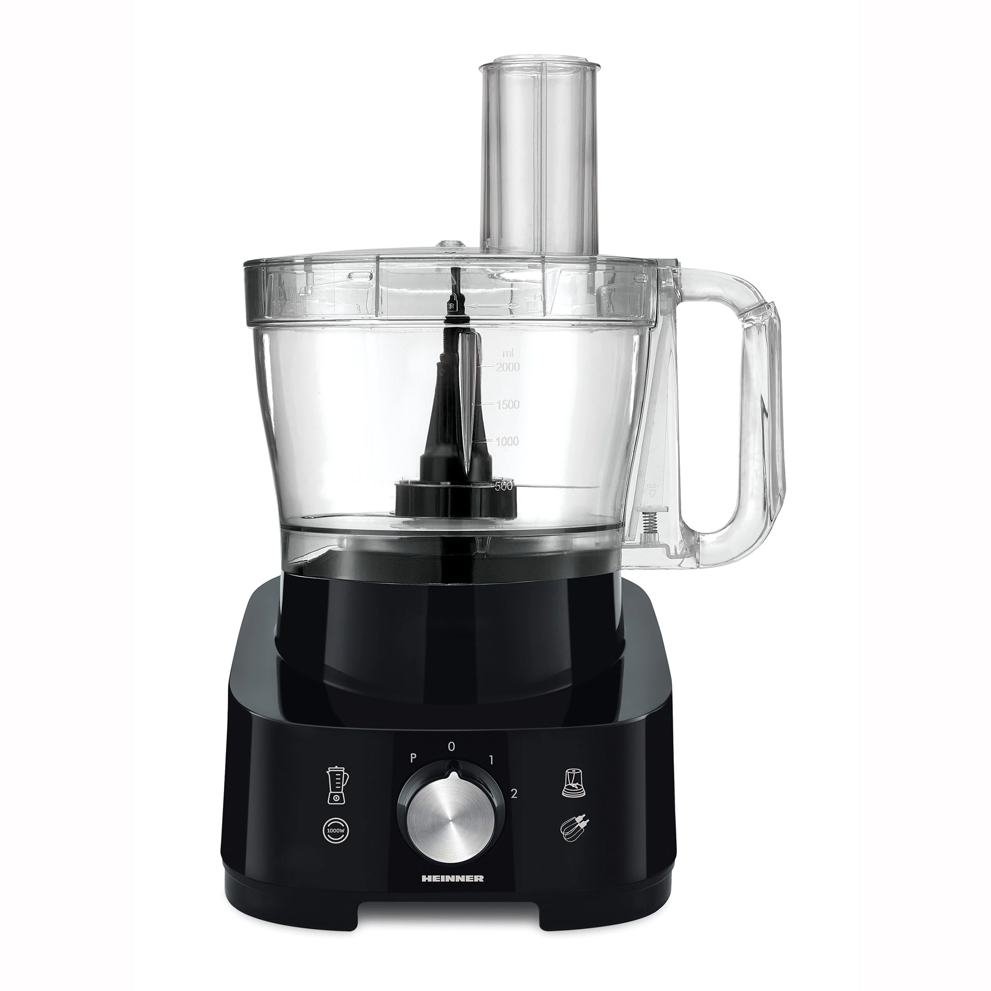Schwarzer Küchenmaschinen-Mixer mit transparentem Behälter und Metallknopf.
