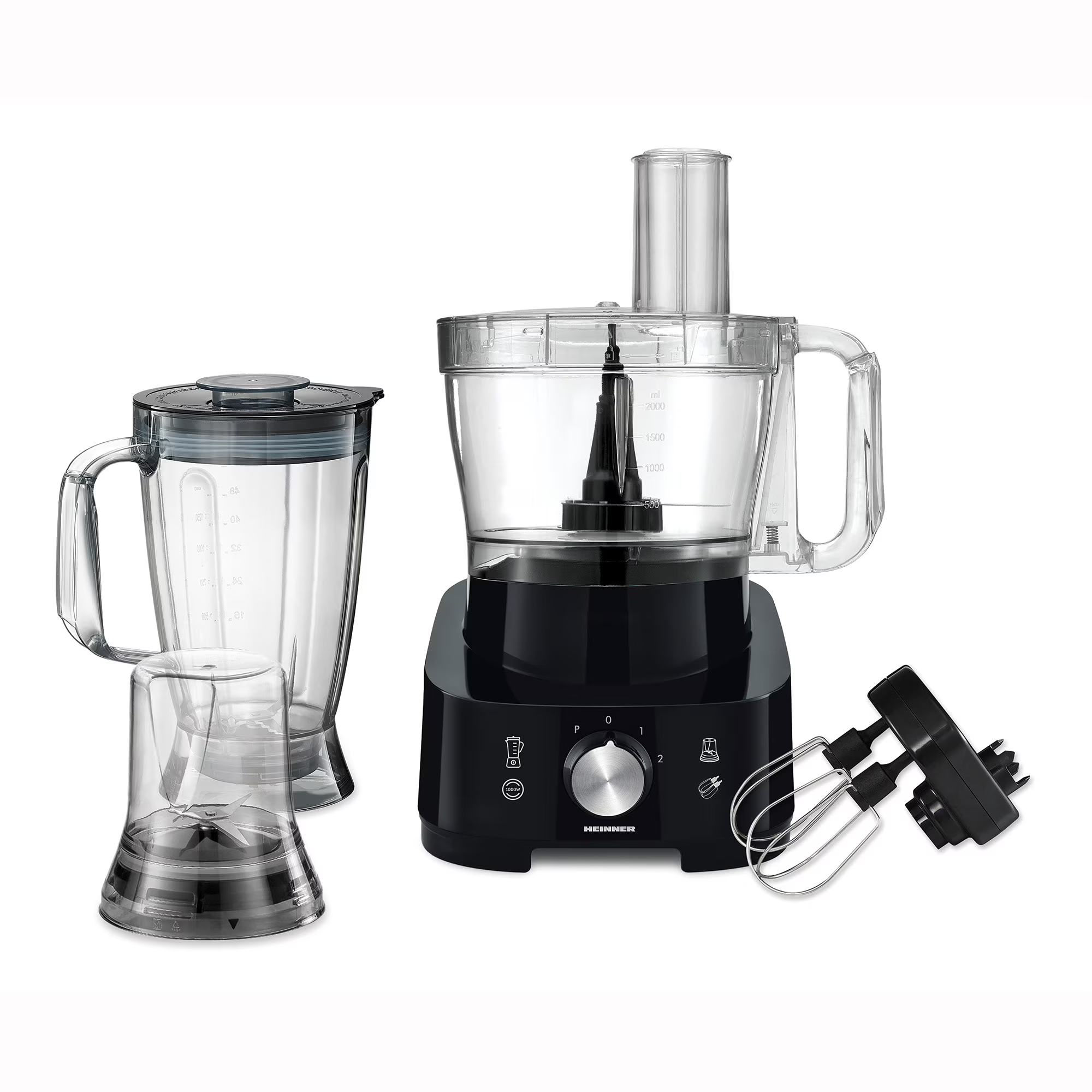 Schwarzer Küchenmaschinen-Standmixer mit Zubehörteilen und Messbecher.