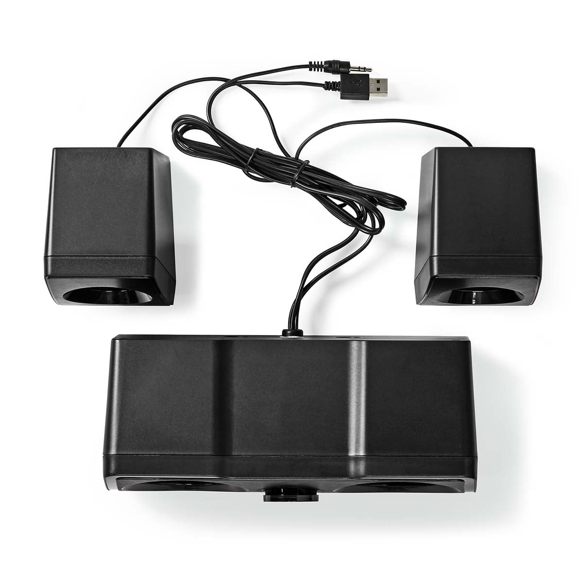 Schwarzes Computerlautsprecher-Set mit USB- und Audio-Klinkenkabeln auf weißem Hintergrund.