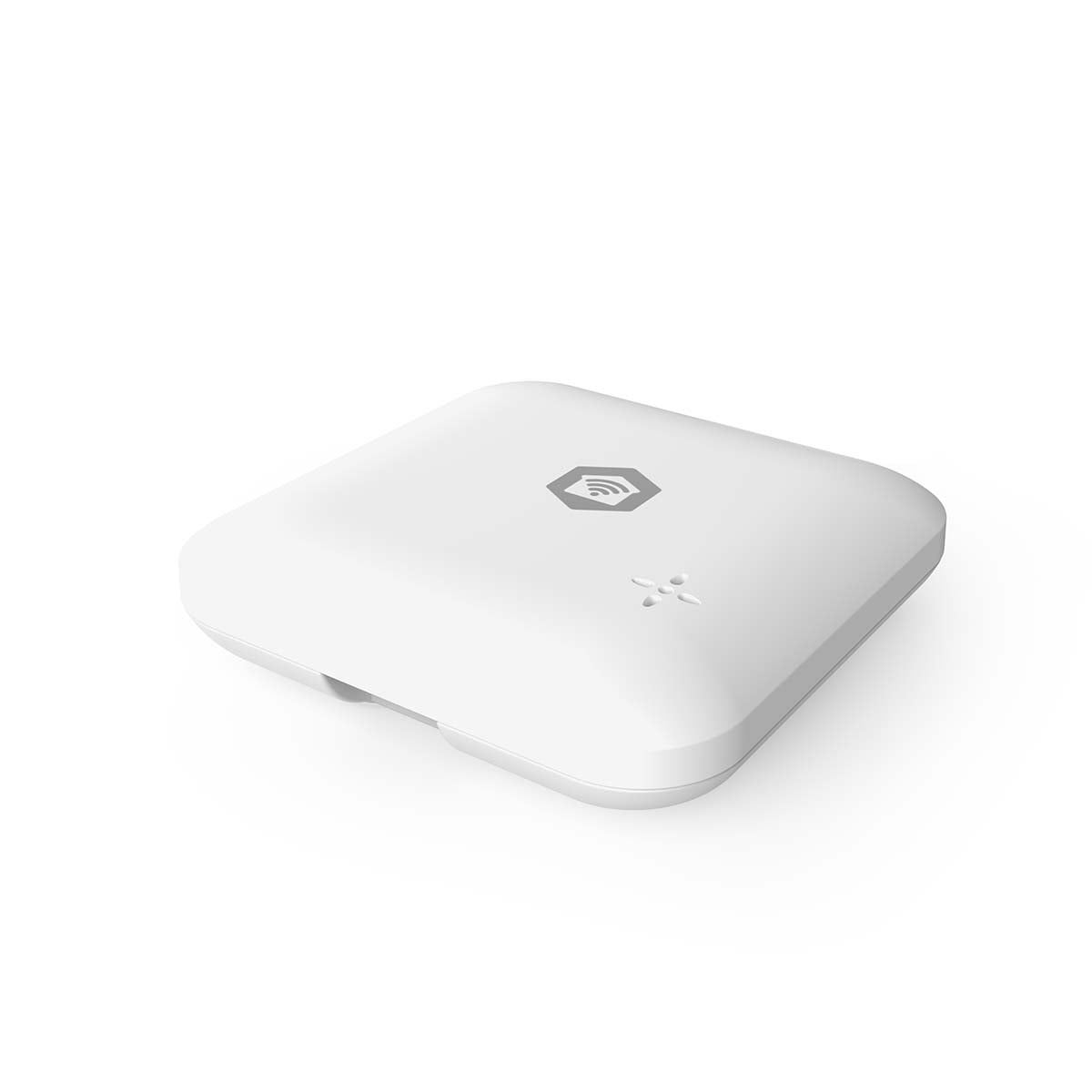 Un dispositivo bianco e quadrato per la casa intelligente con un logo esagonale e una piccola ventola.
