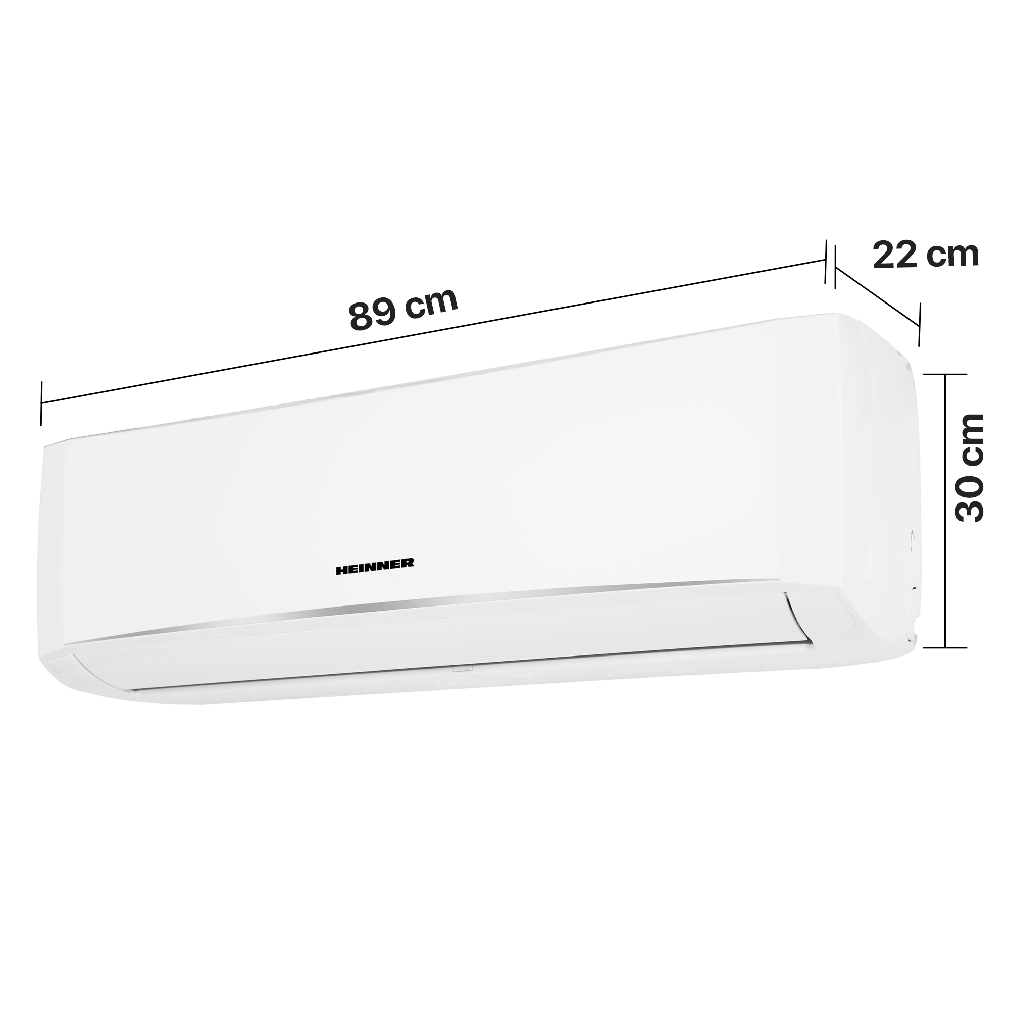 Un climatiseur blanc de 89 cm L, 30 cm H, 22 cm P.