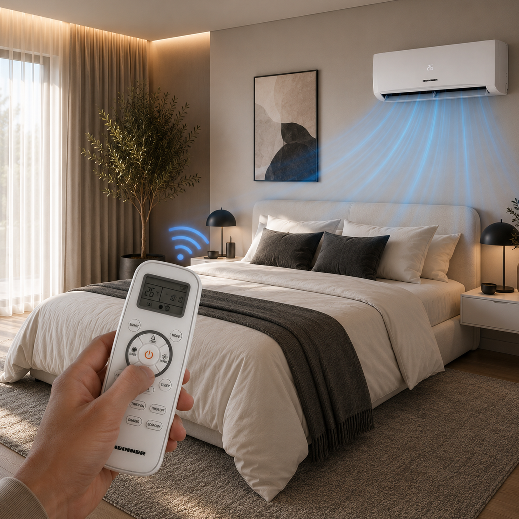 Une main tient une télécommande pendant qu'un climatiseur souffle de l'air frais dans une chambre.