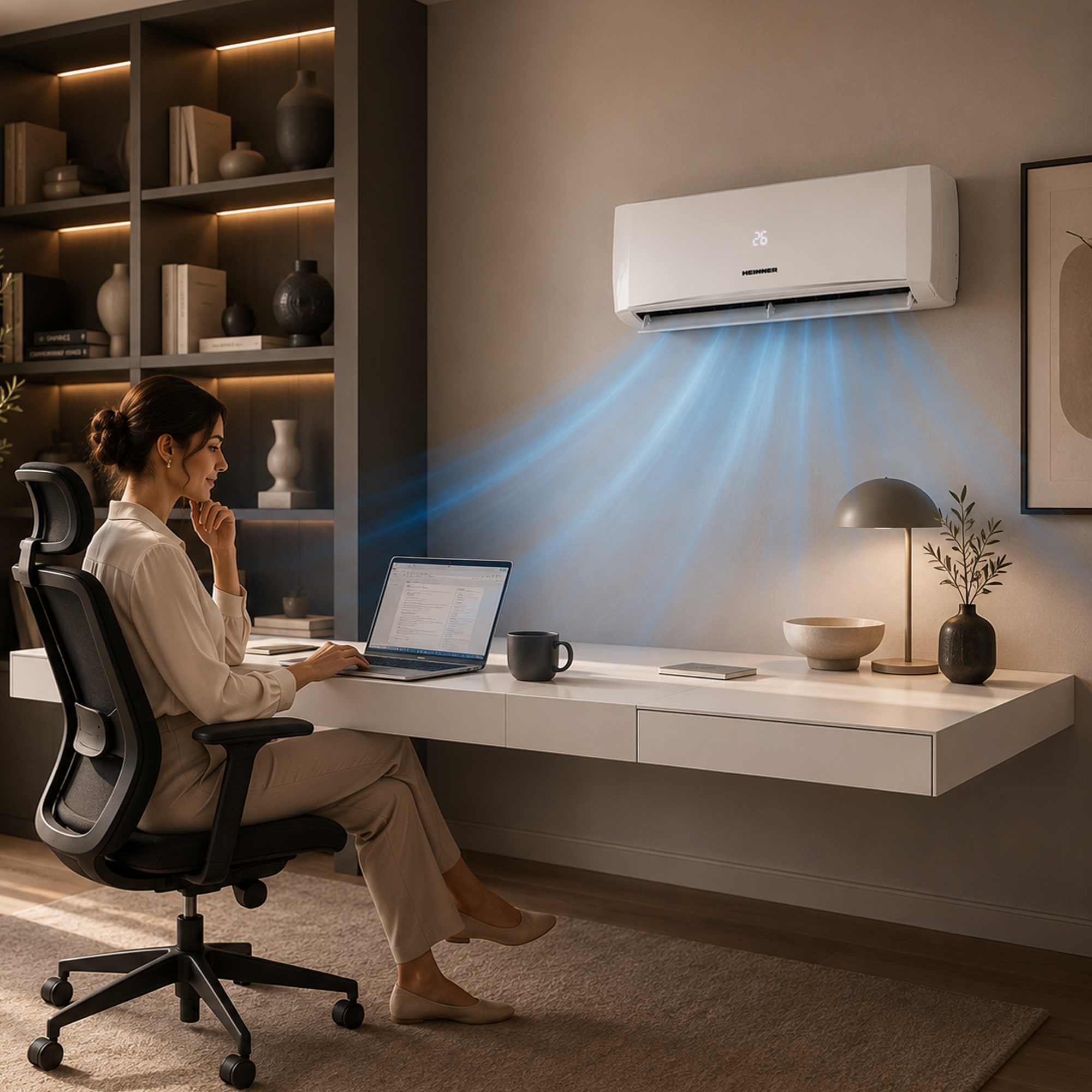 Une femme travaille sur un ordinateur portable pendant que l'air frais sort d'un climatiseur.