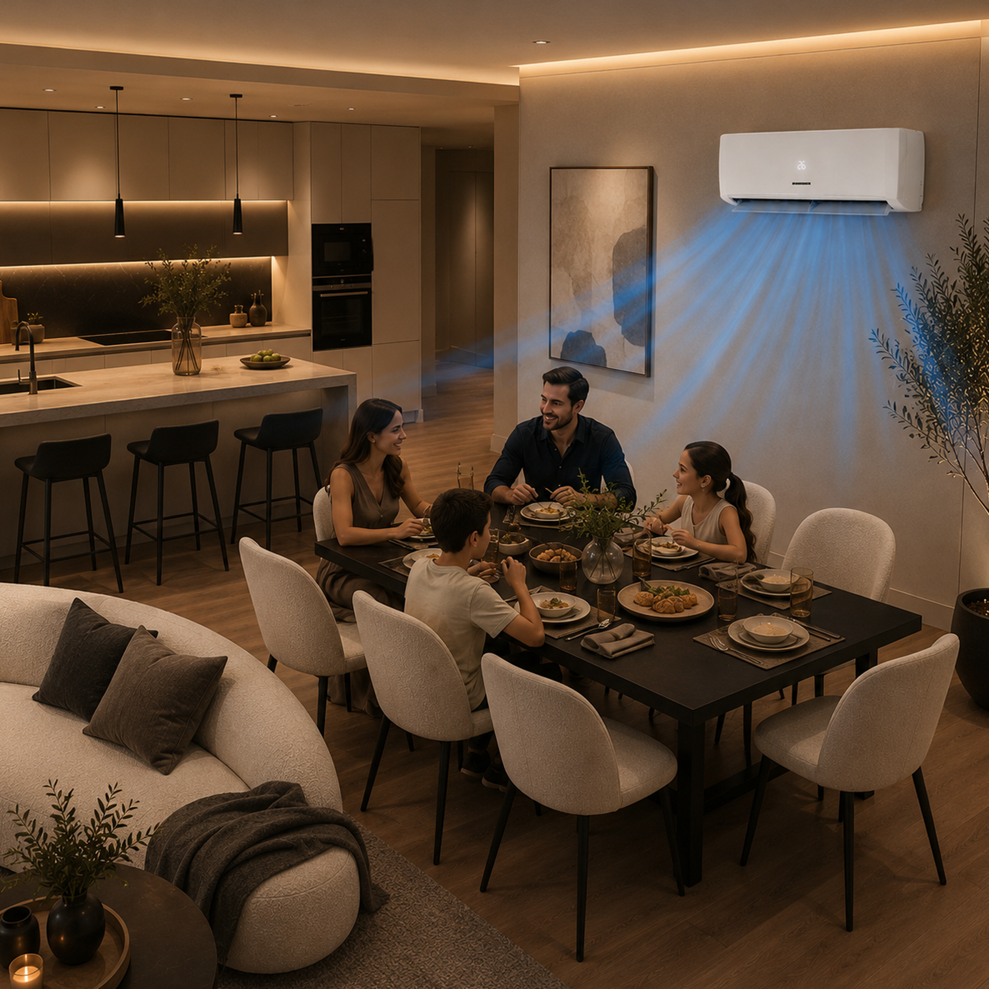Une famille dîne à table pendant qu'un climatiseur souffle de l'air frais.