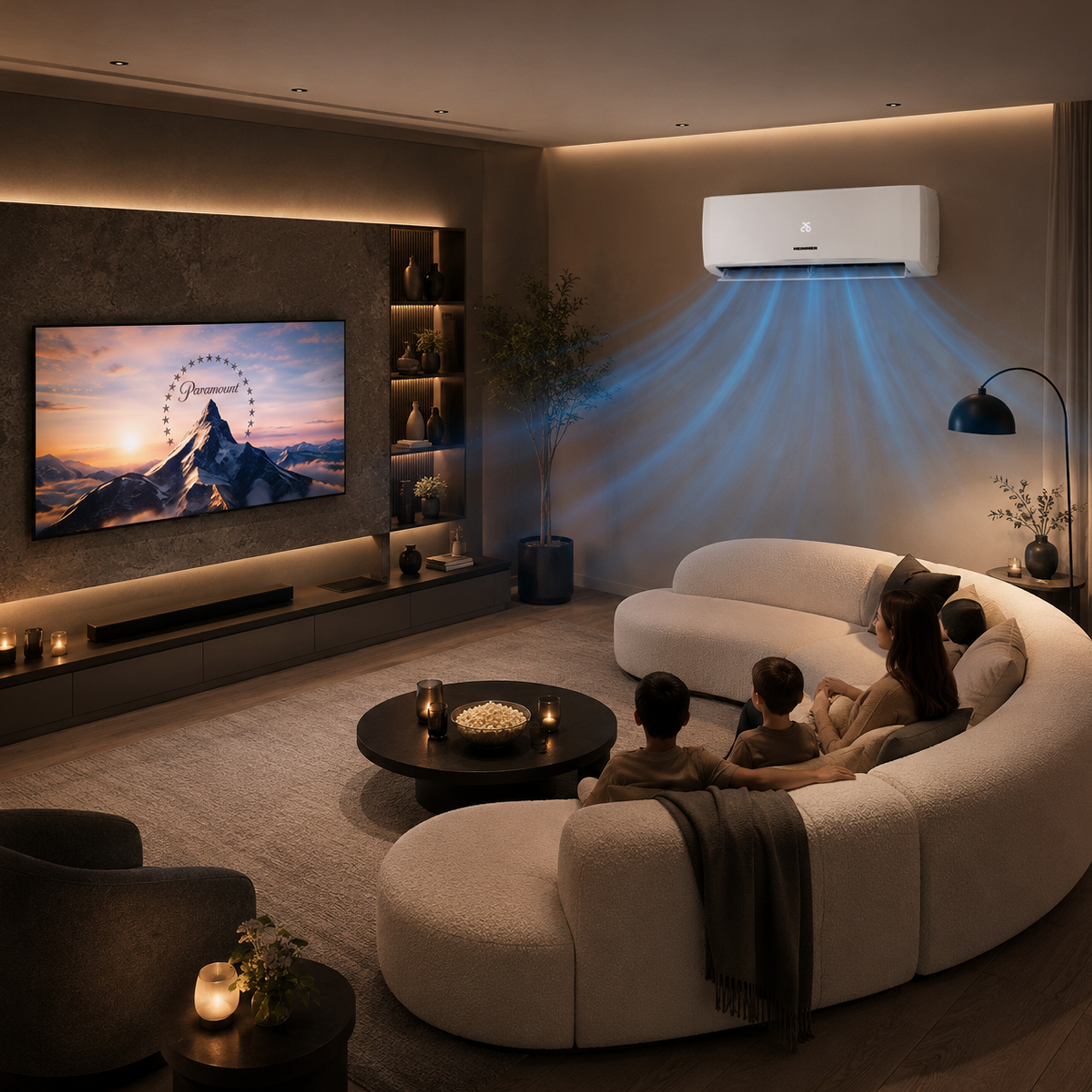 Famille sur canapé regarde logo Paramount à la télé, climatiseur refroidit pièce.