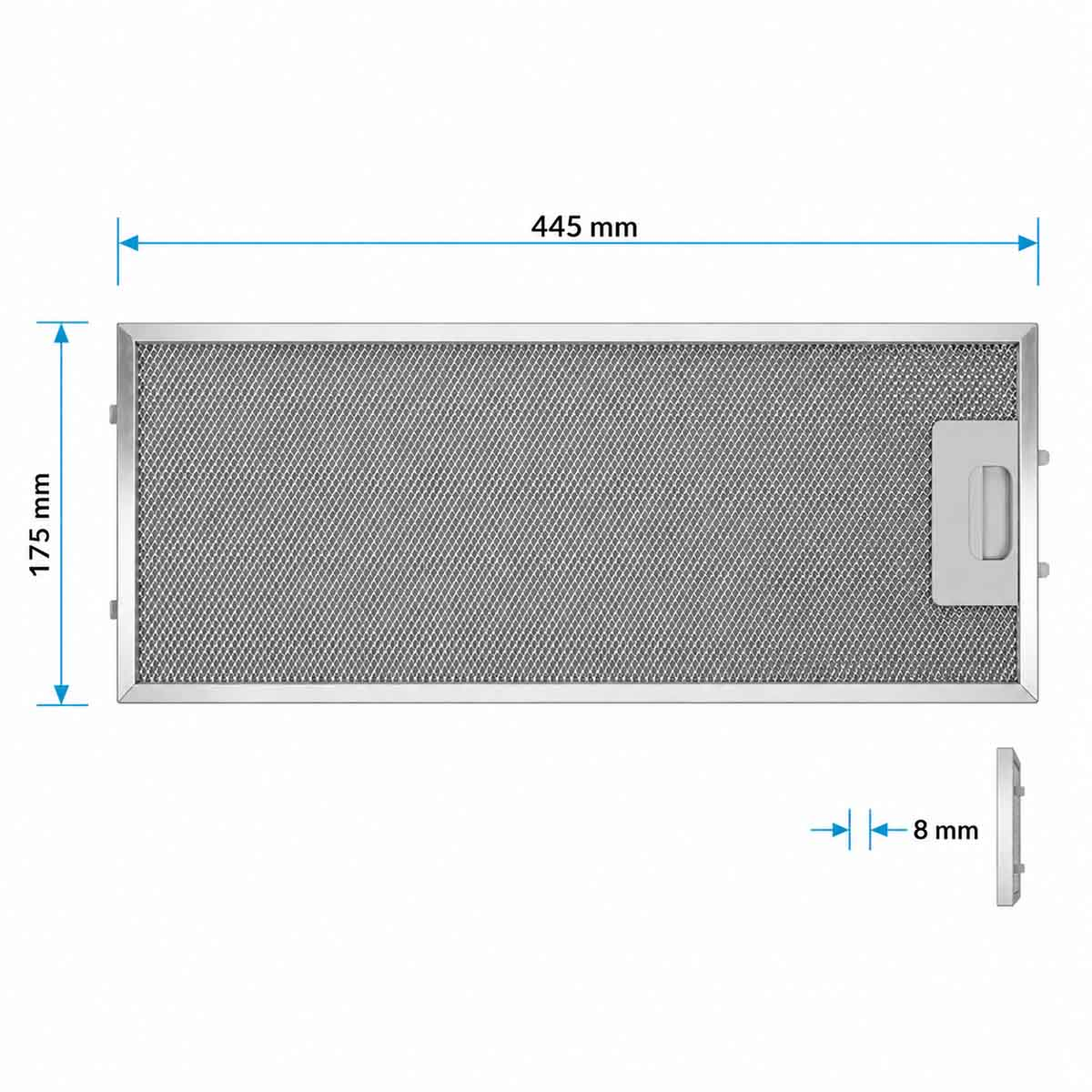 Ein silberner Dunstabzugshaubenfilter mit Maßen 445x175x8 mm.