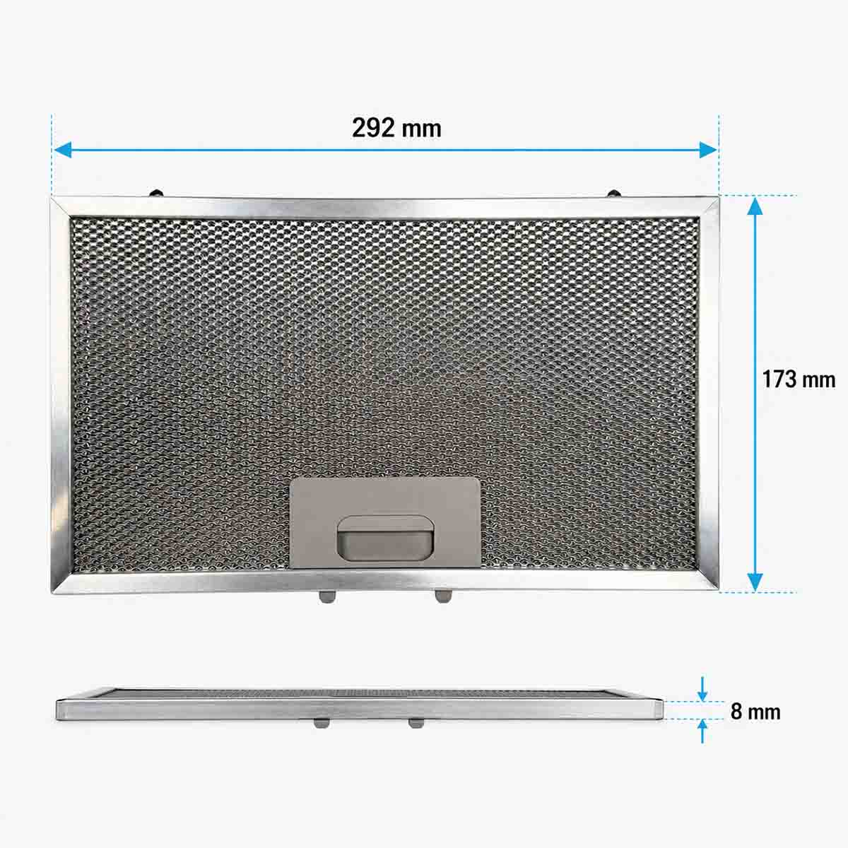Metallischer Dunstabzugshaubenfilter mit Abmessungen 292x173x8 mm.