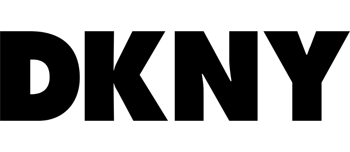 Testo del logo in grassetto maiuscolo bianco e nero, scritto DKNY.