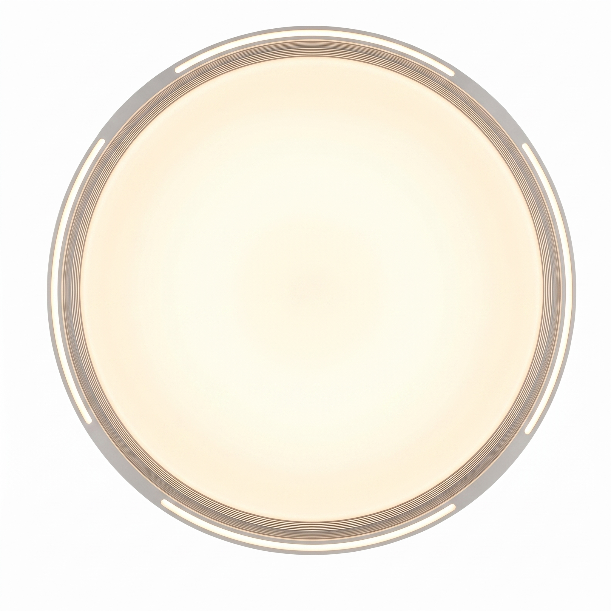 Lámpara redonda con borde plateado y ranuras, emite luz blanca cálida.