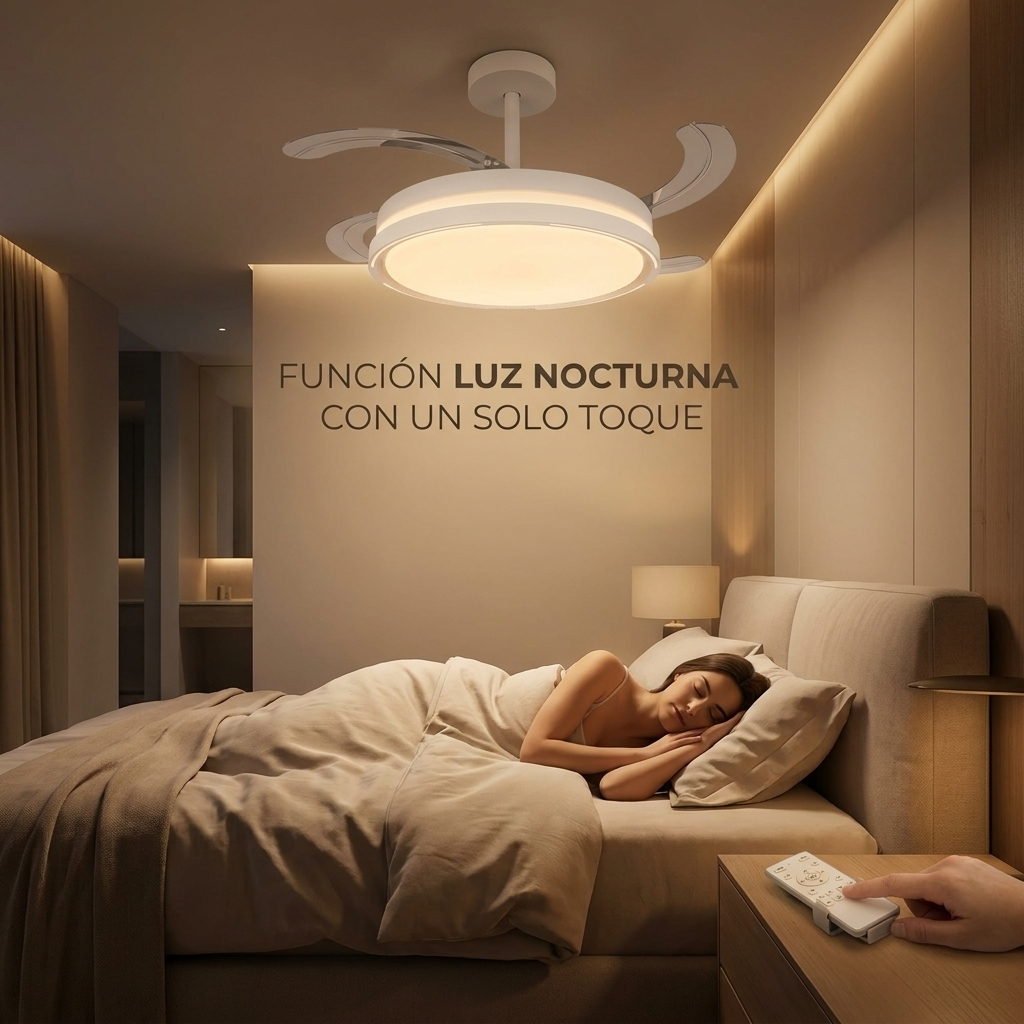 Una mujer duerme en la cama, una luz de techo está encendida, una mano sostiene un control remoto.