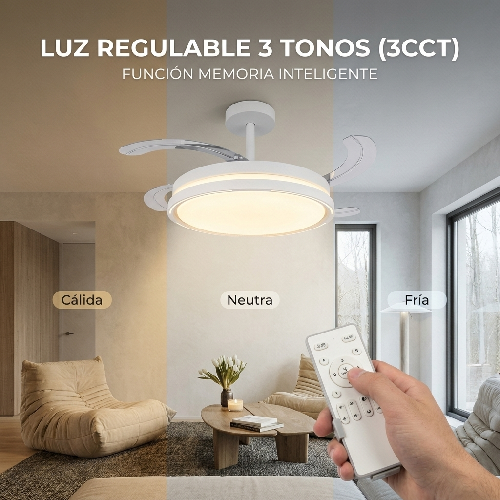 Lámpara de techo moderna con ventilador y mando, mostrando tres modos de luz: cálida, neutra y fría.