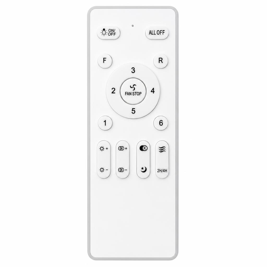 Mando a distancia blanco con botones para velocidad del ventilador, luz y temporizador.