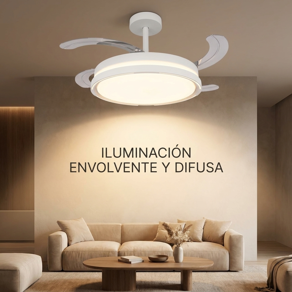 Lámpara blanca de ventilador de techo sobre sofá y mesa de centro en sala.