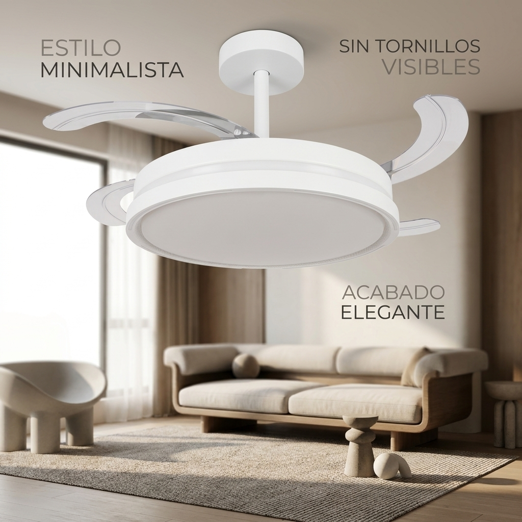 Una lámpara de ventilador de techo blanca con aspas retráctiles sobre un sofá.