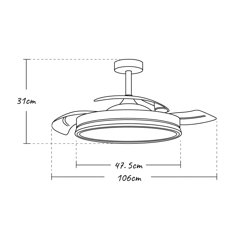 Dibujo de un ventilador de techo con dimensiones: 31cm alto, 47.5cm y 106cm diámetro.