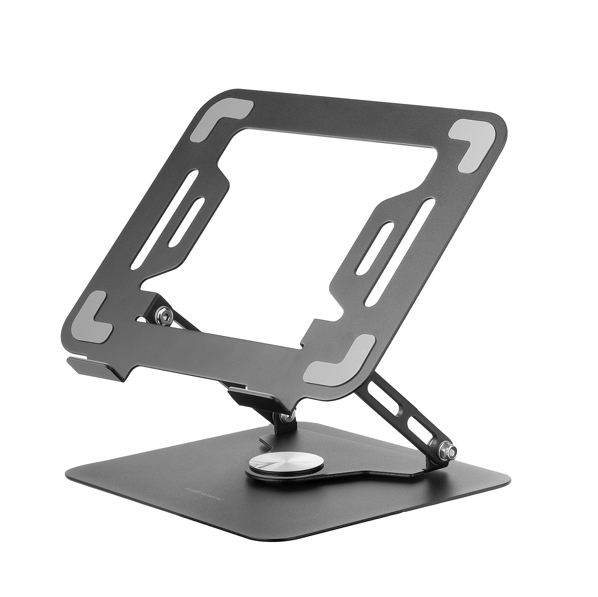 Soporte negro de aluminio ajustable para portátil con base cuadrada.