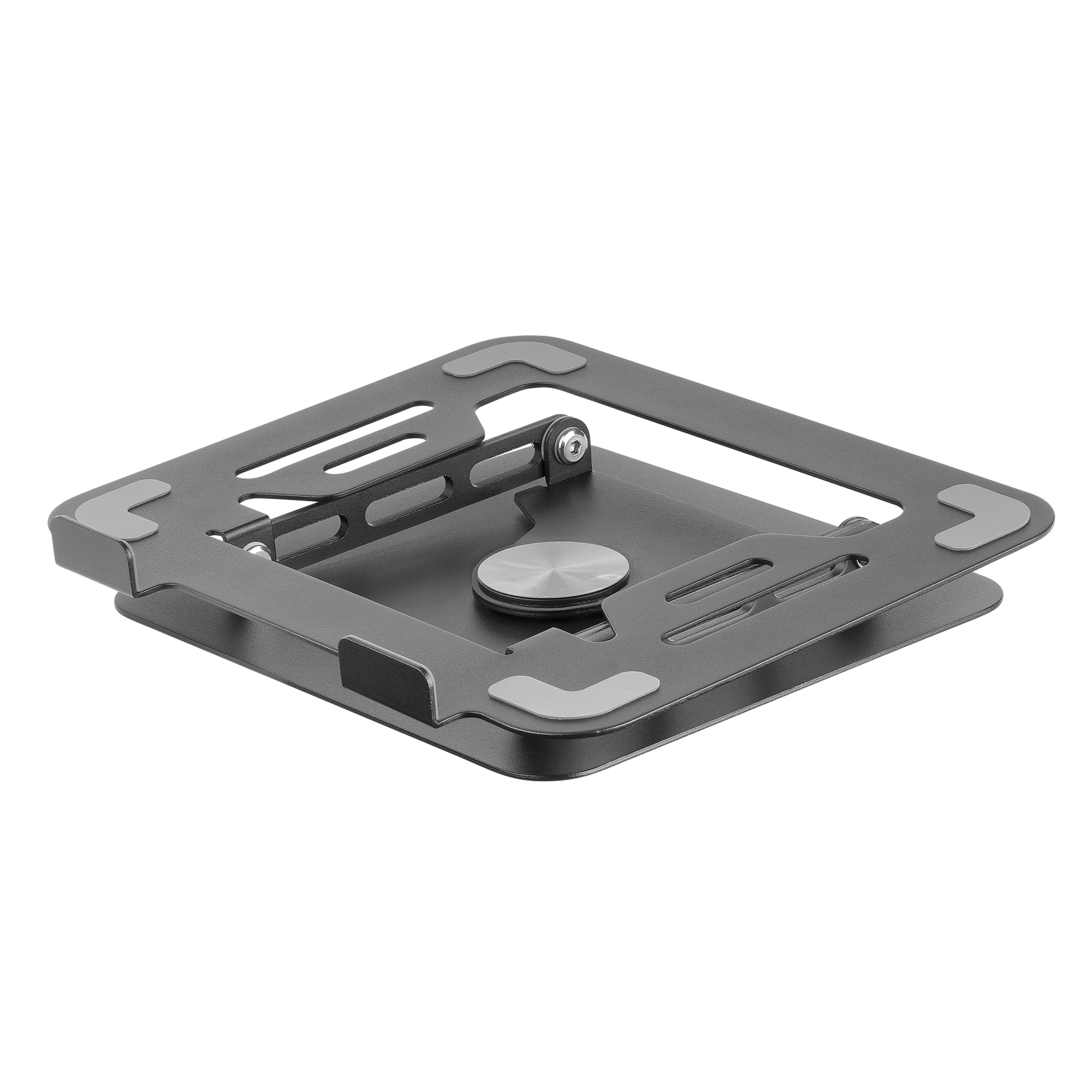 Un soporte plegable para portátil de metal gris con almohadillas de goma.