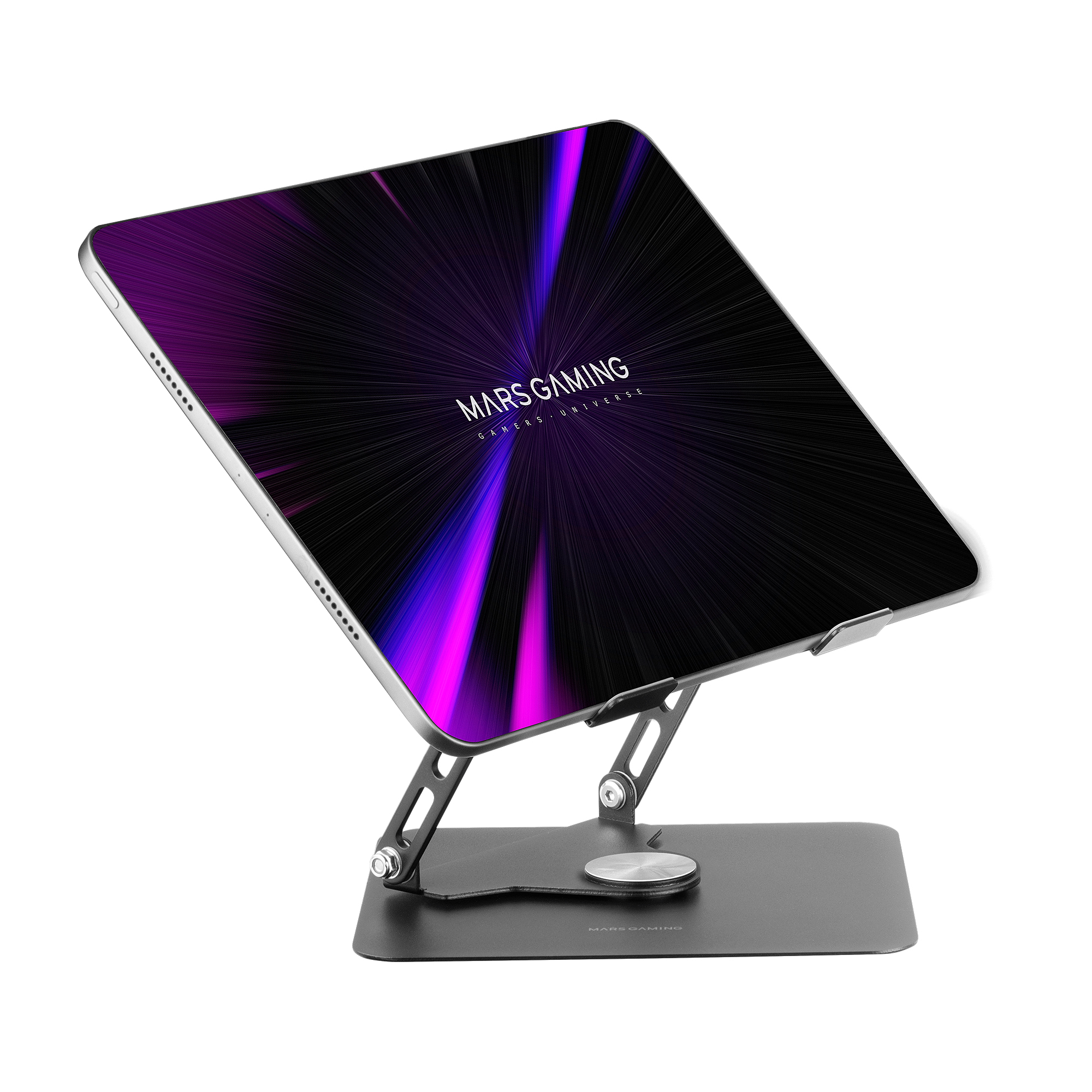 Un soporte plateado para tableta con brazo ajustable negro sostiene una tableta con fondo morado y negro.