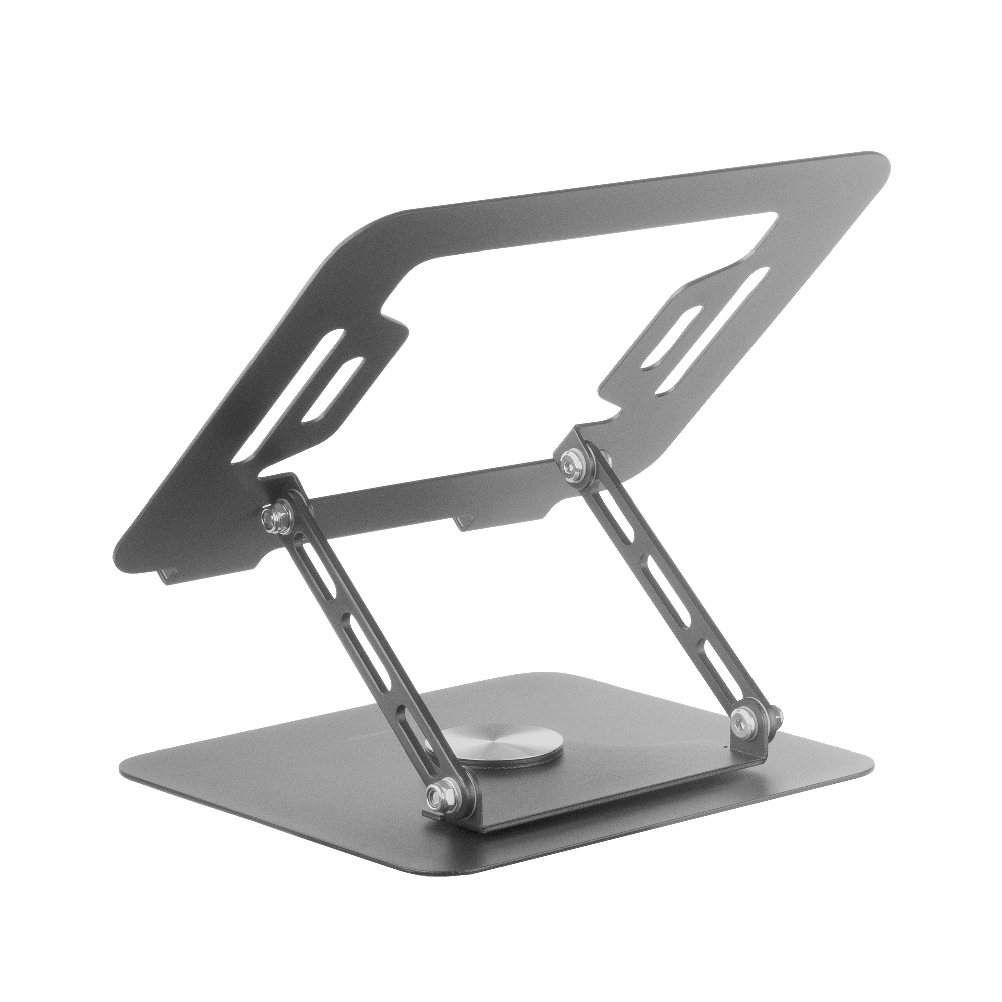 Soporte gris para portátil de metal con brazos ajustables sobre una base rectangular.