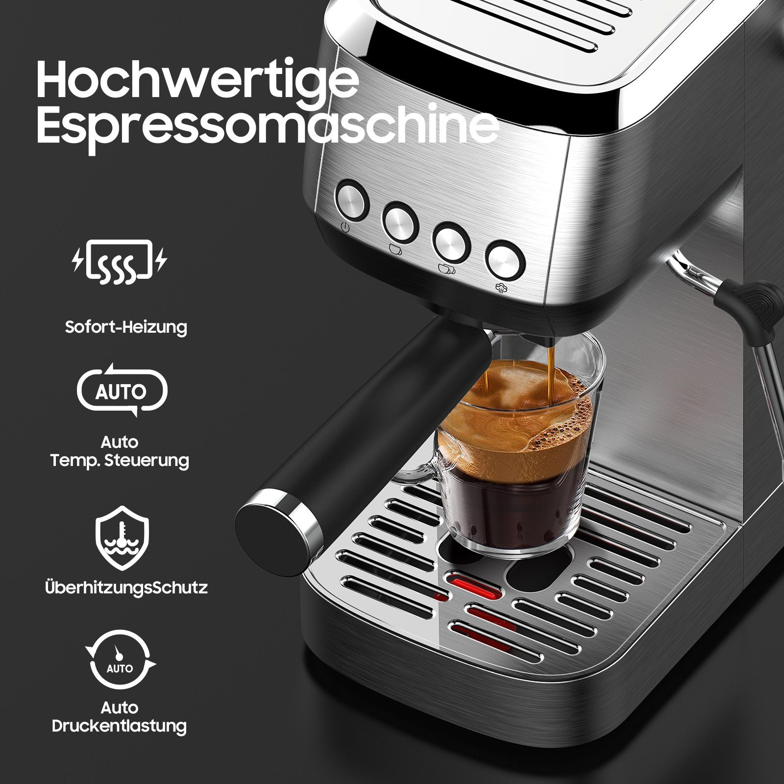 Hochwertige Espressomaschine brüht Kaffee in eine Tasse. Merkmale: Sofort-Heizung, Auto-Temperatursteuerung.