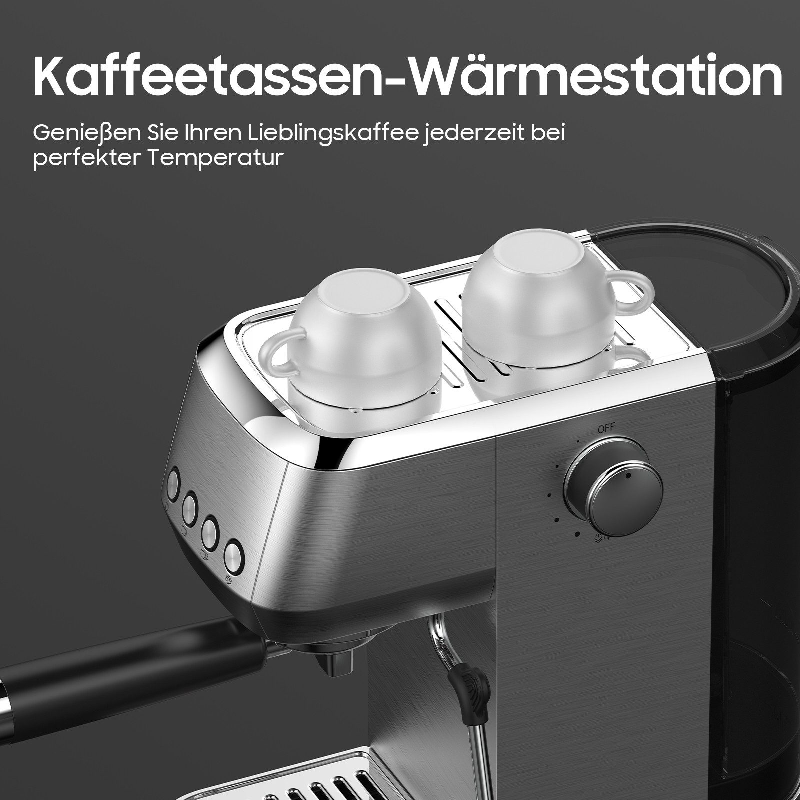 Eine silberne Kaffeemaschine mit zwei weißen Tassen auf der Oberseite.