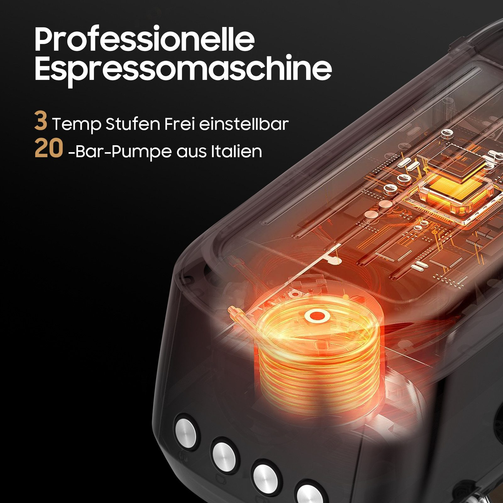 Espressomaschine mit sichtbarer Heizspirale und 3 einstellbaren Temperaturstufen.