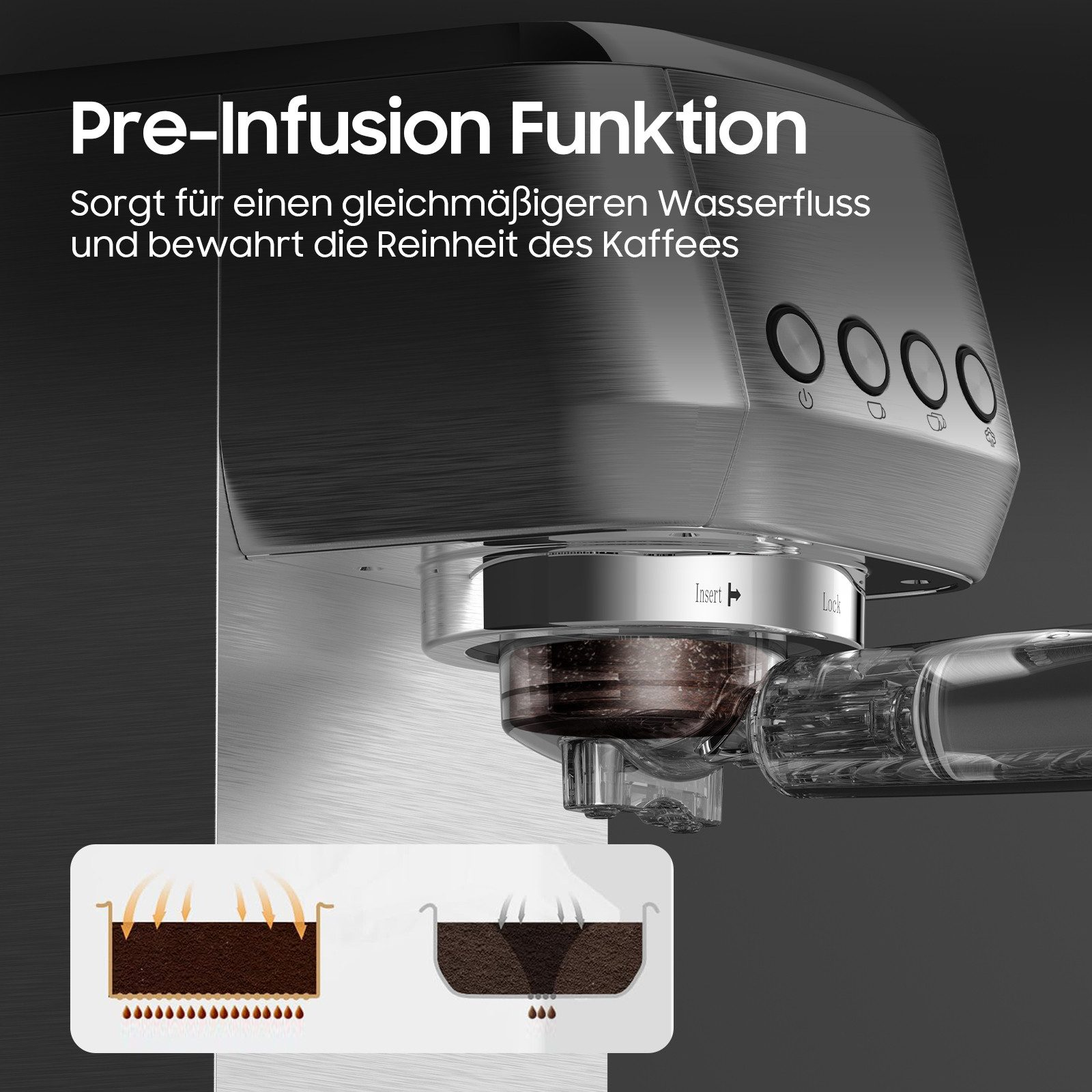 Kaffeemaschine mit "Pre-Infusion Funktion" und Bedienelementen.