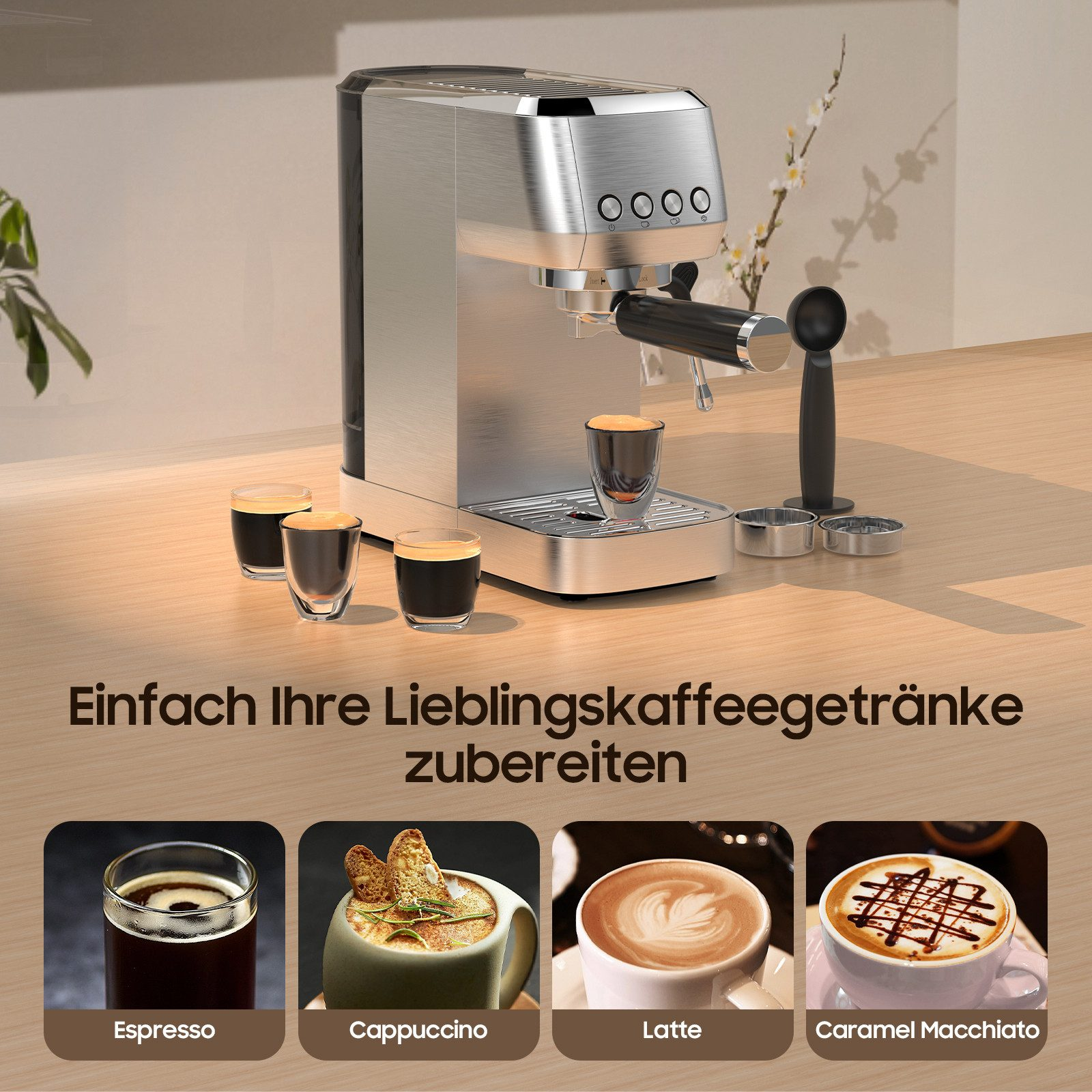 Eine silberne Kaffeemaschine mit vier Espressos und vier Kaffeesorten.