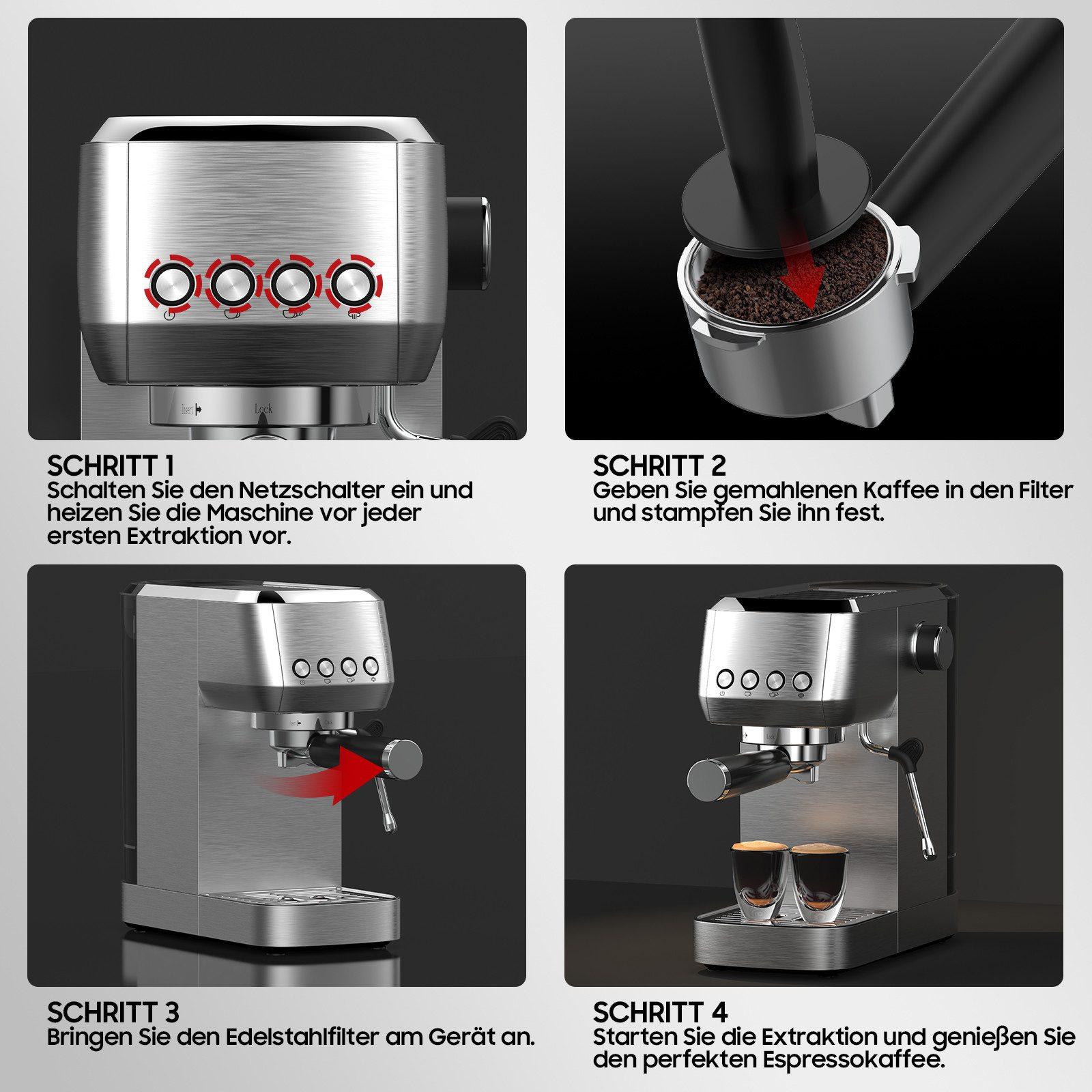 Schritte zur Zubereitung von Espressokaffee mit einer Kaffeemaschine.